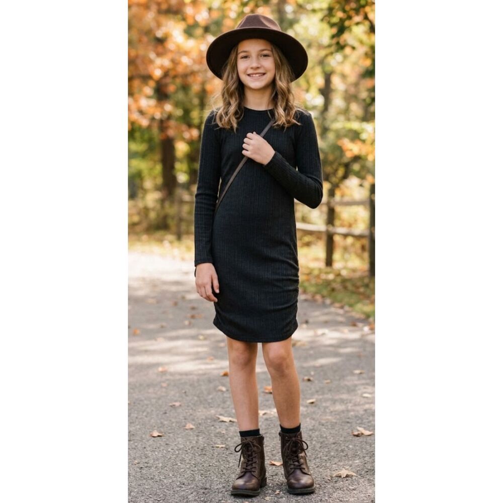 New H&M Ribbed Long Sleeve Bodycon Dress Scrunch Bottom Girl's Size 12-14